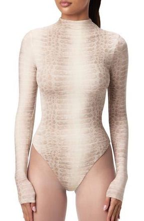 Naked Wardrobe Naked Snakeskin Print Long Sleeve Bodysuit in Bone Croc at Nordstrom Rack, Size Medium