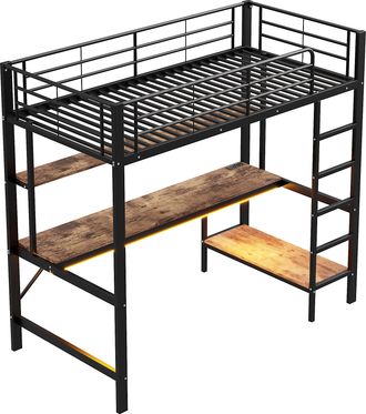STILVORA Cama Alta 90 X 200 Cm Con Escritorio, Toma Usb, Led Y Estantes, Sin Colch&oacute;n, De Metal Y Madera, Negro