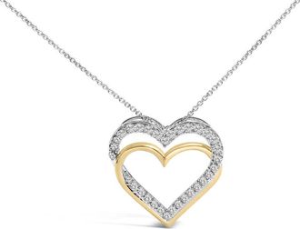 House of Brilliance 14K Yellow Gold Plated Sterling Silver 1.00 Cttw Diamond Double Heart Pendant Necklace