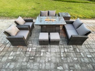 Fimous Wicker PE Rattan Garden Furniture Sets 8 Seater Patio Outdoor Gas Firepit Dining Table Heater Set with Double Seat Sofa in Dark Grey