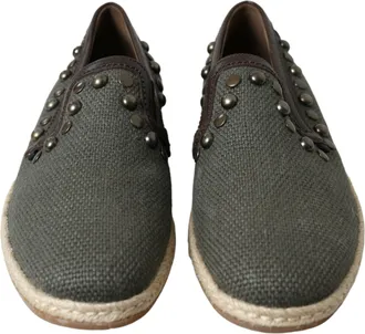 Dolce & Gabbana Gray Linen Leather Studded Loafers Mens Shoes