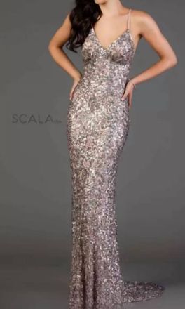 Scala 2 Tone Cami With Sequins And Beads Dress In Lead/silver