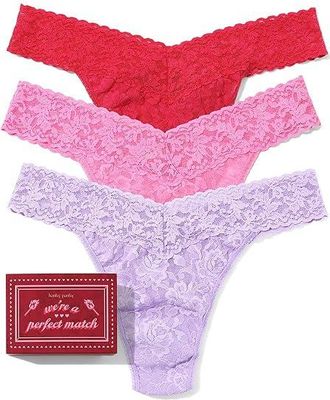 Hanky Panky Signature Lace Low Rise Thong 3-Pack Womens Underwear Cool Lavender Purple/Taffy/Coral, Cotton/Lace/Nylon
