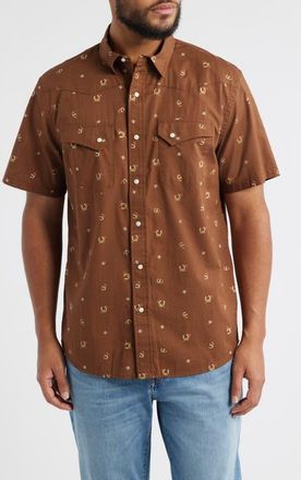 Pendleton Laramie Horseshoe Print Short Sleeve Snap-Up Western Shirt in Horseshoe Brown at Nordstrom, Size Xx-Large