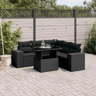 vidaXL Set De Sof&aacute;s De Jard&iacute;n 6 Piezas Y Cojines Rat&aacute;n Sint&eacute;tico Negro Vidaxl