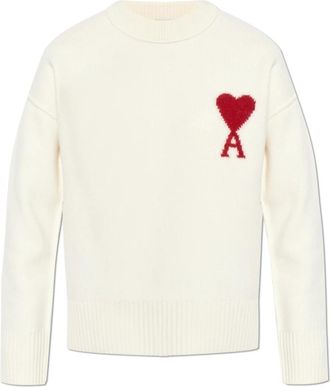 Ami Wol trui met logo - Dames - Ronde hals truien - Beige - S - Wol - Truien & Vesten