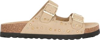 Ga&euml;lle Paris Suede Sandaal met Dubbele Gesp en Noppen - Dames - Sandalen - Beige - 40 EU - Su&egrave;de - Schoenen