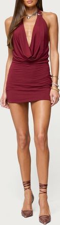 Edikted Dex Buckle Plunge Neck Open Back Halter Minidress in Burgundy at Nordstrom, Size X-Small