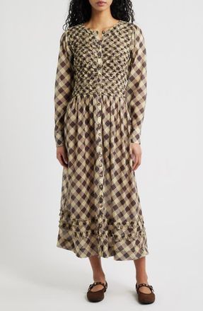 Damson Madder Posey Smocked Long Sleeve Midi Dress in Butter at Nordstrom, Size 16 Us