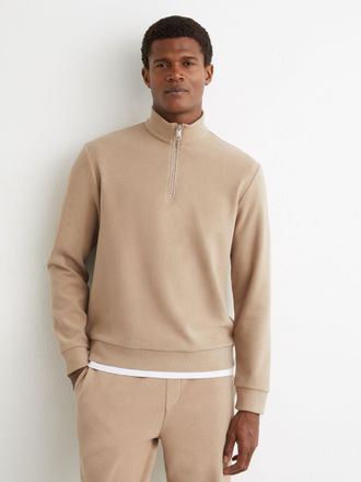 Reiss Camel Brown Cotton-blend Ribbed Half-zip Jumper, Xxl