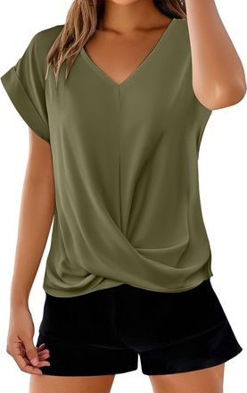 Generic Womens Solid Color V Neck Summer Tops 2025 Casual Twist Front Blouses Short Sleeve T-Shirts Elegant Loose Fit Tunic Top Basic Tee Shirts