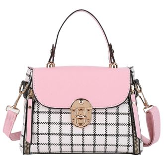 Generic Cymwer Women PU Leather Plaid Checkerboard Shoulder Bag for Shopping Daily Use (Pink)