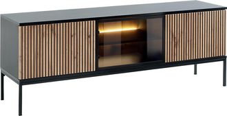 Vente-Unique Mueble TV de 3 puertas con LEDs de MDF y vidrio ahumado - Negro y Natural - OVILA