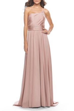 La Femme Chic One Shoulder Long Jersey Gown with Defined Waist in Mauve at Nordstrom, Size 20