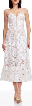 Dress The Population Carina Butterfly Appliqu&eacute; Strapless Cocktail Midi Dress in White-Beige at Nordstrom Rack, Size X-Large