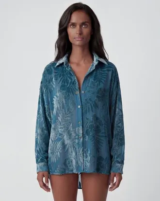 Lords of Harlech Country Floral Velvet Devore Womens Shirt in Country Floral Teal at Nordstrom, Size Xx-Large