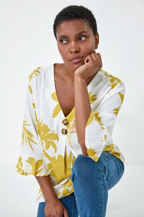 Roman Floral Print Button Front Top