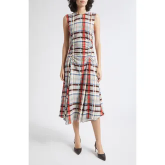 Stine Goya Gathered Midi Dress in Scarlet Grid at Nordstrom, Size Xx-Large