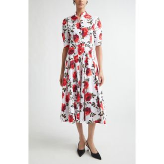 Carolina Herrera Rose Print Stretch Cotton Poplin Shirtdress in White Multi at Nordstrom, Size 10