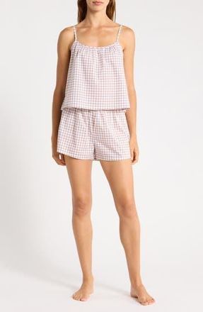 Abound Grid Cotton Crop Camisole & Shorts Pajamas in White- Brown Mini Check at Nordstrom Rack, Size X-Large