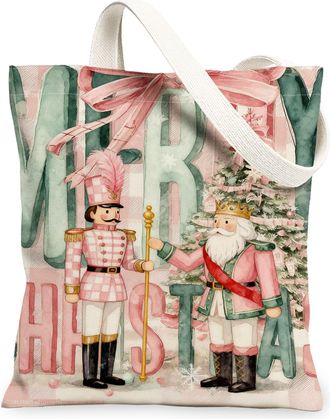 Generic Christmas Nutcracker Canvas Tote Bags, Festive Characters Reusable Grocery Bags, Vintage Lightweight Washable Shoulder Stra, Peach, 13x15 Inch