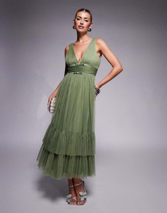 Lace & Beads bow waist tiered tulle midaxi dress in soft olive-Green