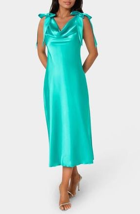 Bebe Shoulder Tie Satin Midi Dress in Emerald at Nordstrom Rack, Size X-Small
