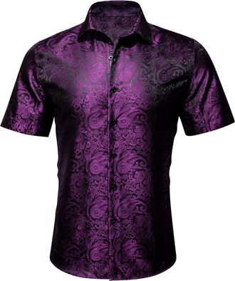 Generic Shirts for Men Short Sleeve Silk Paisley Shirt Button Down T-Shirt Summer Wedding Party Tees Casual Regular Fit Tops Camisa Playera para Hombre(Purple