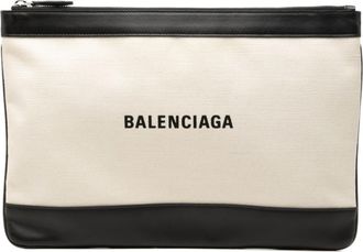 Balenciaga Beige Black Canvas Leather Clutch Bag (Pre-Owned)