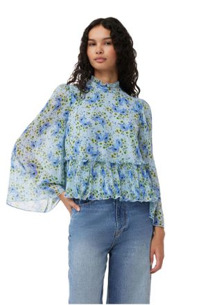 Ganni Pleated Georgette Blouse - Size 8/10 Blue
