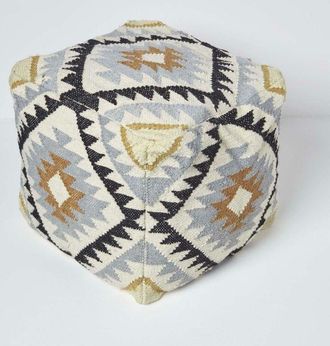 Homescapes Homescapes - Agra Gold and Black Kilim Footstool Handwoven Beanbag Pouffe 43 x 43 cm