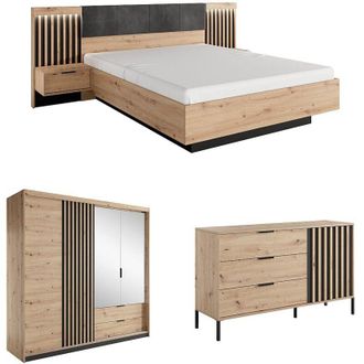Vente-Unique Set letto con comodini 160 x 200 cm + Com&ograve; Armadio Naturale e Nero - ARIADA