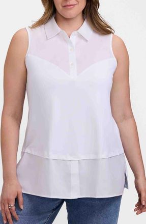 Foxcroft Sasha Mixed Media Sleeveless Button-Up Shirt in White at Nordstrom, Size 1X