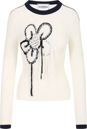 Iceberg Geribbelde katoenen trui met ronde hals en bloemenborduursel - Dames - Ronde hals truien - Beige - S - Katoen - Truien & Vesten