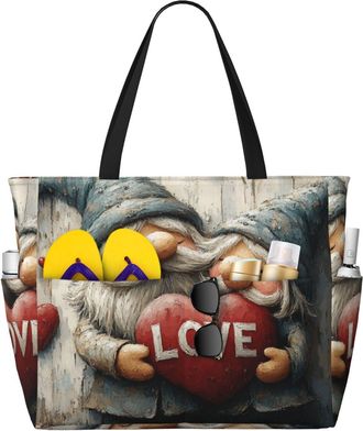 Generic Valentines Gnomes Print Large Beach Bag Foldable Travel Shoulder Tote Bag With Pocket For Weekender Pool Vacation
