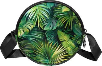 Generic Circle Crossbody Bag for Women, Jungle Leaves Plants Small Sling Bag Daypack with Zipper Adjustable Shoulder Straps Casual Ladies Girls Round Purse