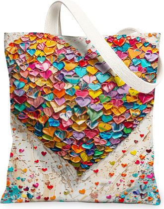 Generic Hearts Canvas Tote Bags, Colorful Heart Pattern Reusable Grocery Bags, Summer Lightweight Washable Shoulder Strap Canvas Fo, Multicolor, 13x15 Inch