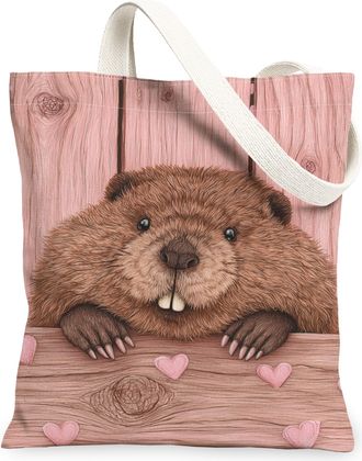 Generic Cute Animal Canvas Tote Bags, Adorable Beaver Design Lightweight Washable Grocery Bags, Vintage Rustic Style Reusable Shoul, Peach, 13x15 Inch