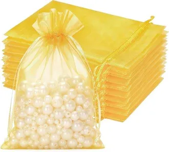 OEM Bolsas De Organza - Color Dorado, 50 Unidades, 13 X 18 Cm, Con Cord&oacute;n Ajustable, Para Bodas, Dulces O Joyas