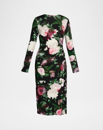 Erdem Floral Long-Sleeve Draped Midi Dress