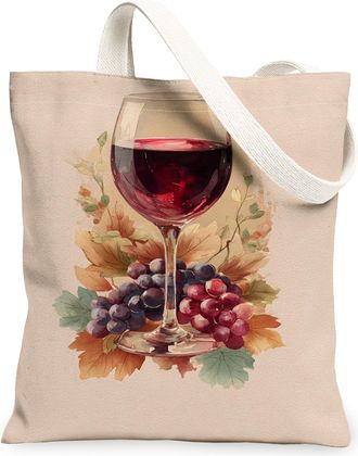 Generic Autumn Grapes Canvas Tote Bags, Vintage Wine Design Reusable Grocery Bags, Fall Floral Lightweight Washable Canvas for Trav, Beige, 13x15 Inch