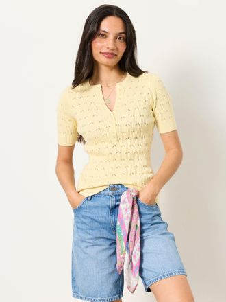 Fat Face FatFace Lois Yellow Short Sleeve Knitted Henley Top