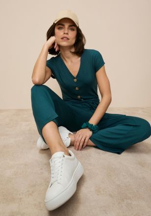 Tamaris Culotte-Overall TAMARIS, Damen, Gr. 34, N-Gr, gr&uuml;n (dunkelgr&uuml;n), Jersey, Obermaterial: 95% Viskose, 5% Elasthan, unifarben, figurumspielend ca. Mitte 