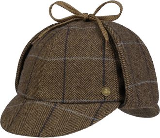 Lierys Deerstalker Check Wool Herringbone Plaid Cap Earflaps Made in Germany Men Autumn Winter Beige-Brown