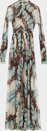 Oscar De La Renta Butterfly Chiffon Long-Sleeve Maxi Dress