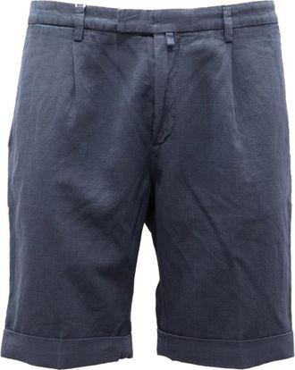 BRIGLIA 1949 Gestructureerde katoen/linnen shorts- Prince of Wales - Heren - Korte Broeken - Blauw - S - Katoen - Korte Broeken