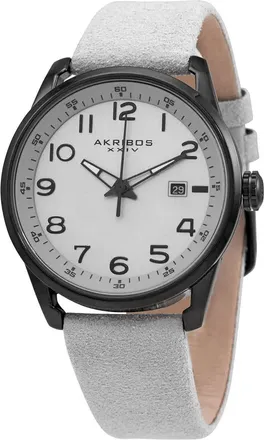 Akribos XXIV Quartz Silver Dial White Leather Mens Watch AK1029GY