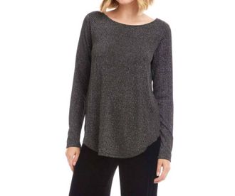Karen Kane Long Sleeve Metallic Stripe Shirttail Top In Black With Silver