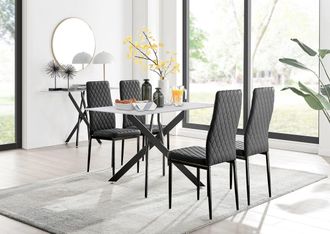Furniturebox Leonardo White Glass Marble Effect Black Leg Table & 4 Milan Black Leg Chairs