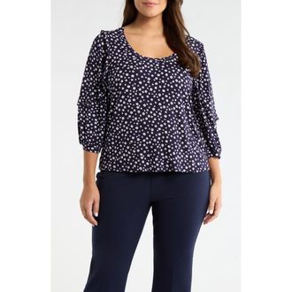Liverpool Ruffle Sleeve Print Top in Navy/White Ditsy at Nordstrom, Size 2X